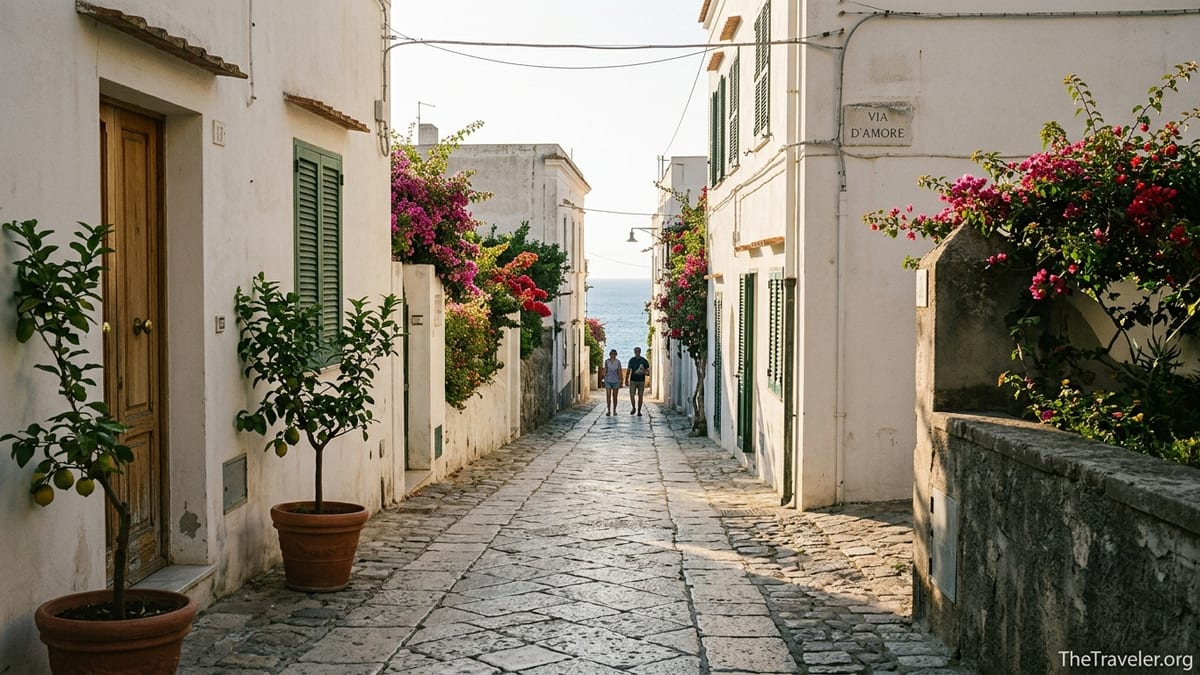 Quiet stone lane in Anacapri with white houses, bougainvillea and distant sea view at sunset.