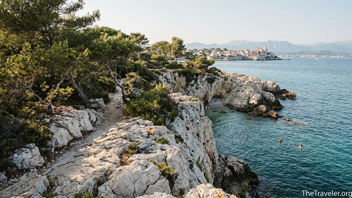 Rocky coastal path and hidden cove on Cap d’Antibes with Antibes town in the distance.