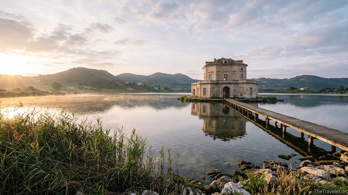 Casina Vanvitelliana reflected in the still waters of Lake Fusaro at sunrise in Bacoli, Italy.