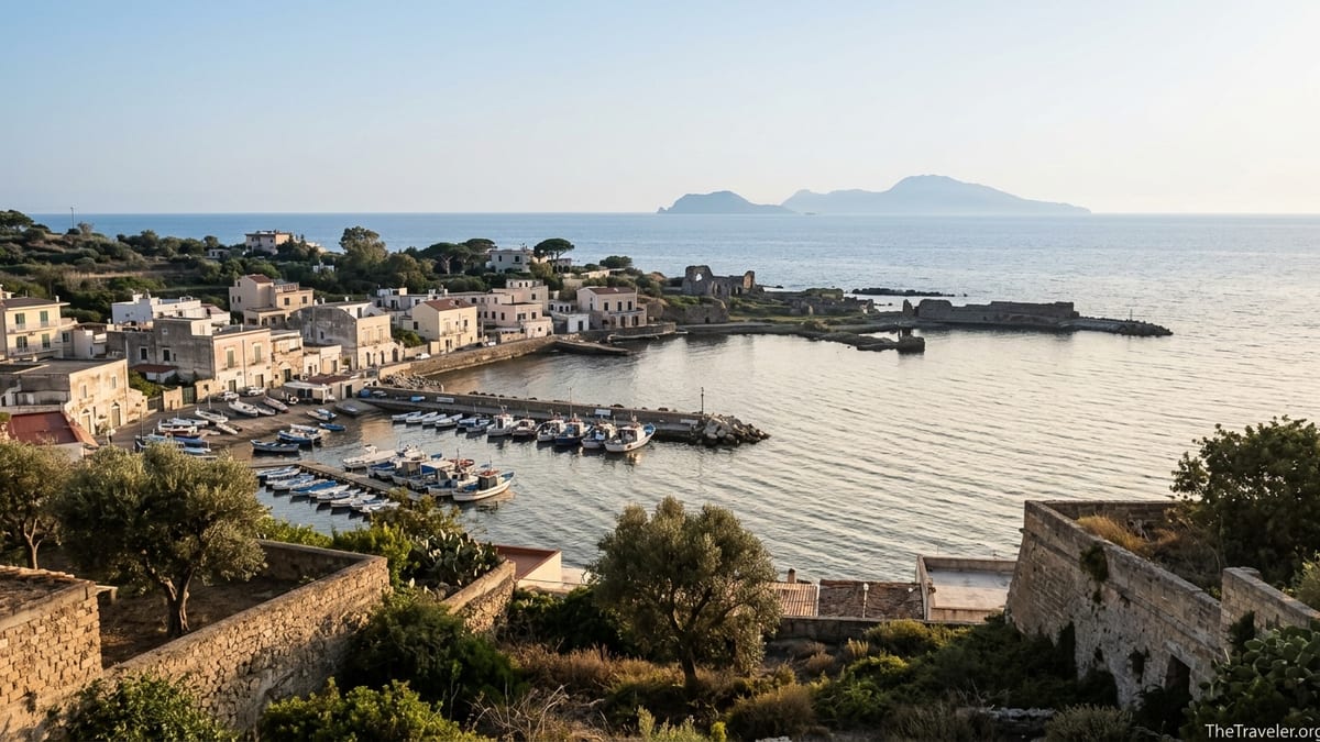 Harbor and pastel houses of Baia near Naples seen from a hillside at golden hour.