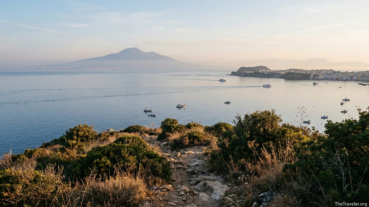 Sunrise view over the Bay of Naples from Capo Miseno with Procida in the distance.