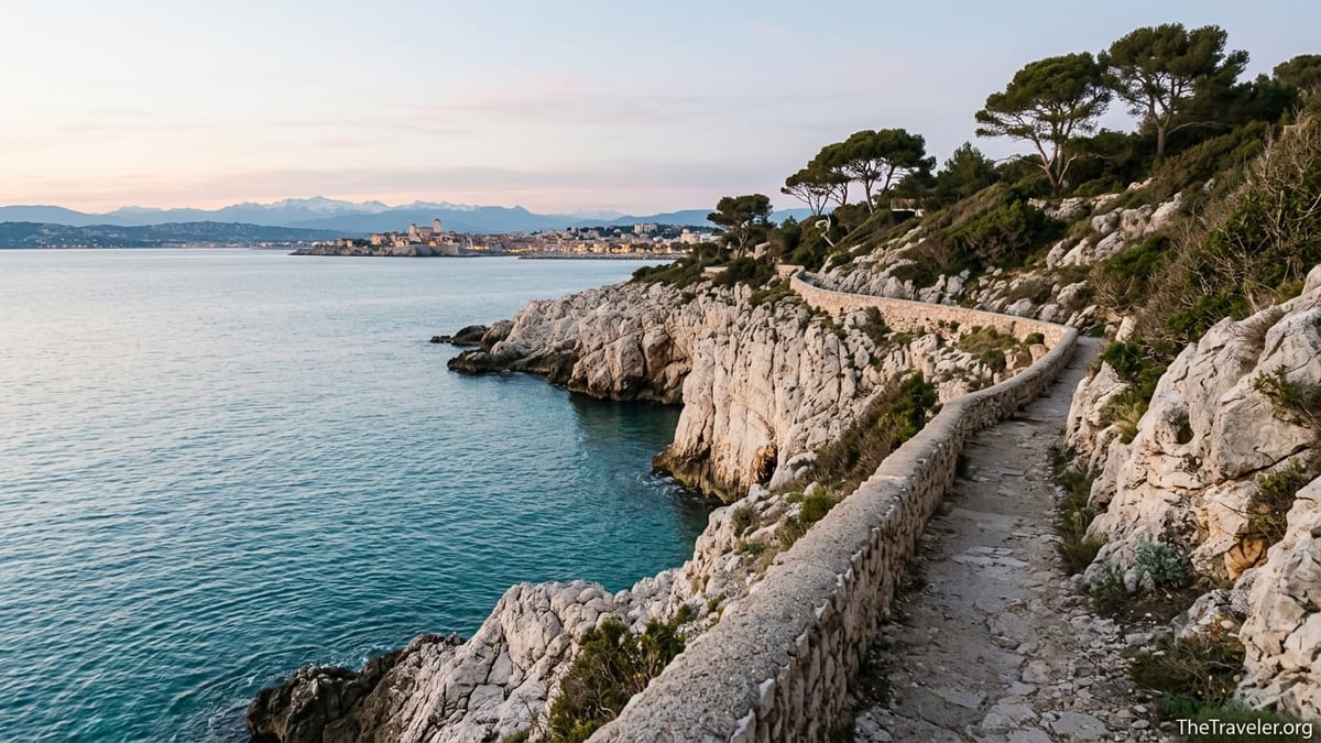 Rugged coastal path on Cap d’Antibes at dusk with cliffs, pines and calm turquoise sea.