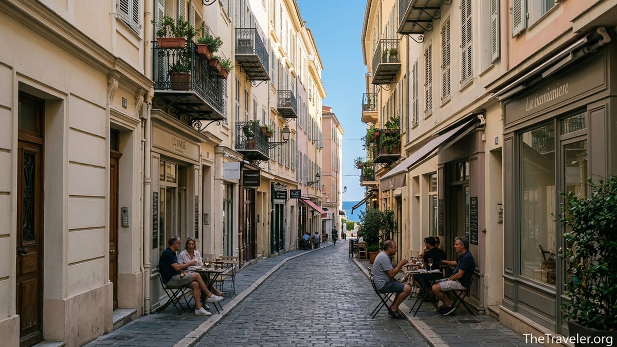 Quiet side street with cafés and Belle Époque facades in Nice’s Carré d’Or at sunset.
