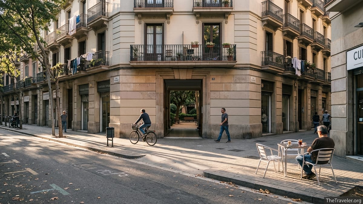 Quiet side street in Barcelona’s Eixample leading to a hidden courtyard at golden hour.