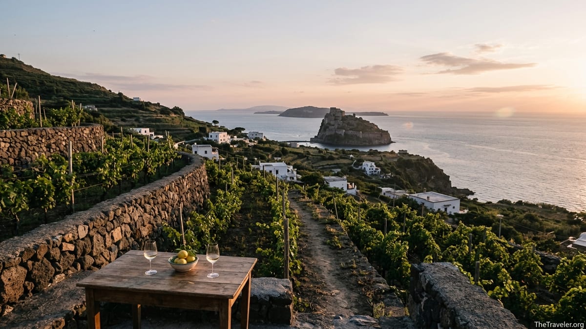 Terraced vineyards on Ischia overlooking the sea and Aragonese Castle at sunset.