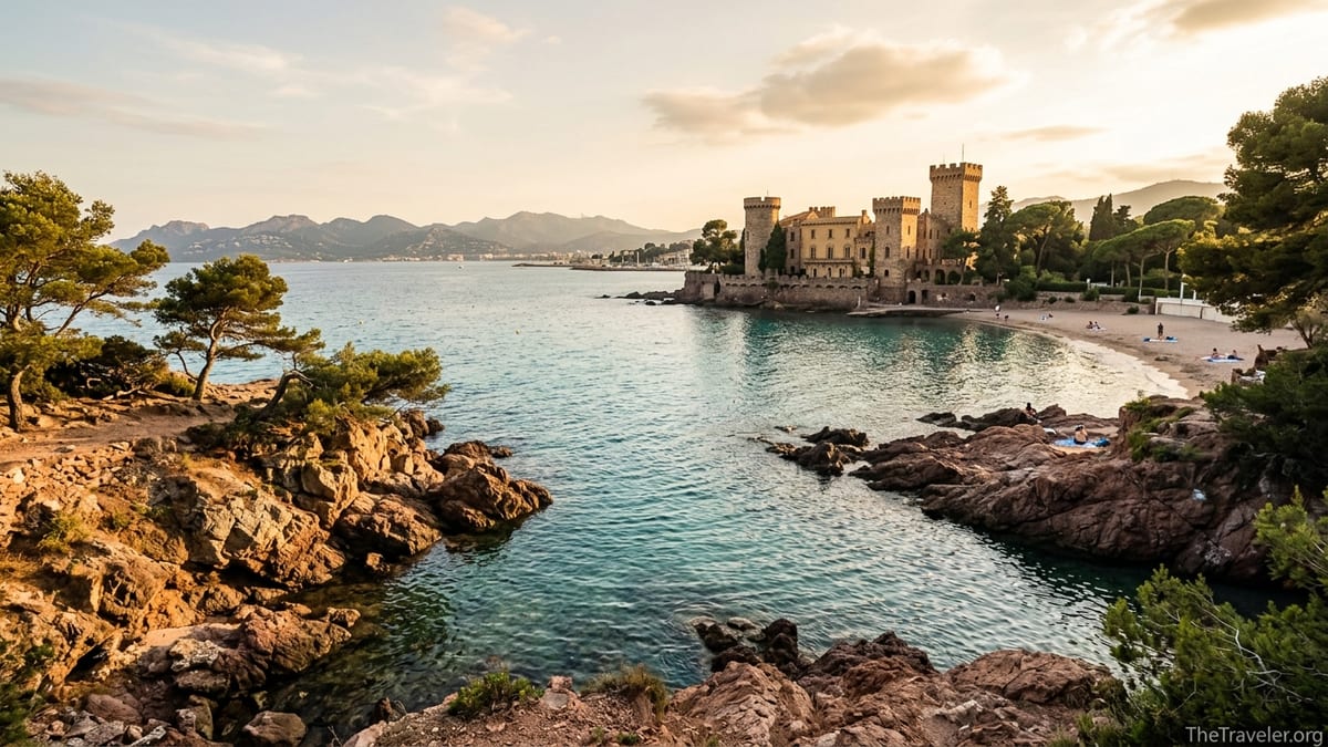 Golden hour view of Château de la Napoule above a quiet cove in Mandelieu-la-Napoule.
