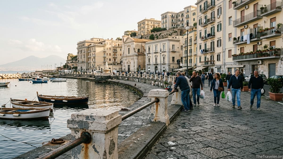 Late afternoon view of Mergellina waterfront with boats, locals walking, and Posillipo hillside above the bay in Naples.