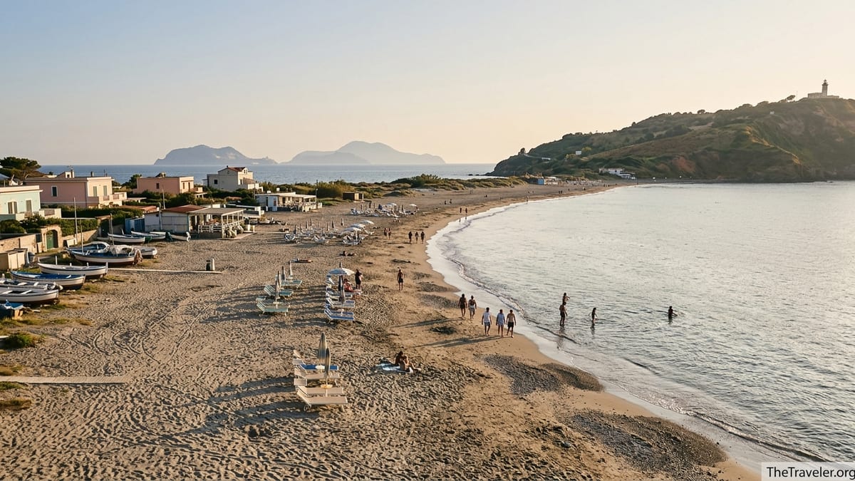 Late afternoon view of Miseno beach curving toward Capo Miseno with locals walking along the shore.