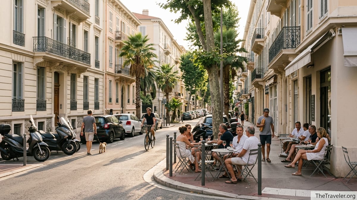 Quiet Belle Époque street with café terrace in Nice’s Musiciens quarter at golden hour.
