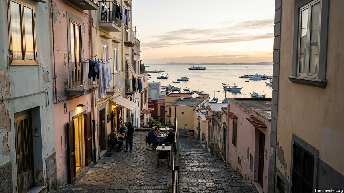 Evening view from Pozzuoli’s Rione Terra over narrow alleys and the bay below.