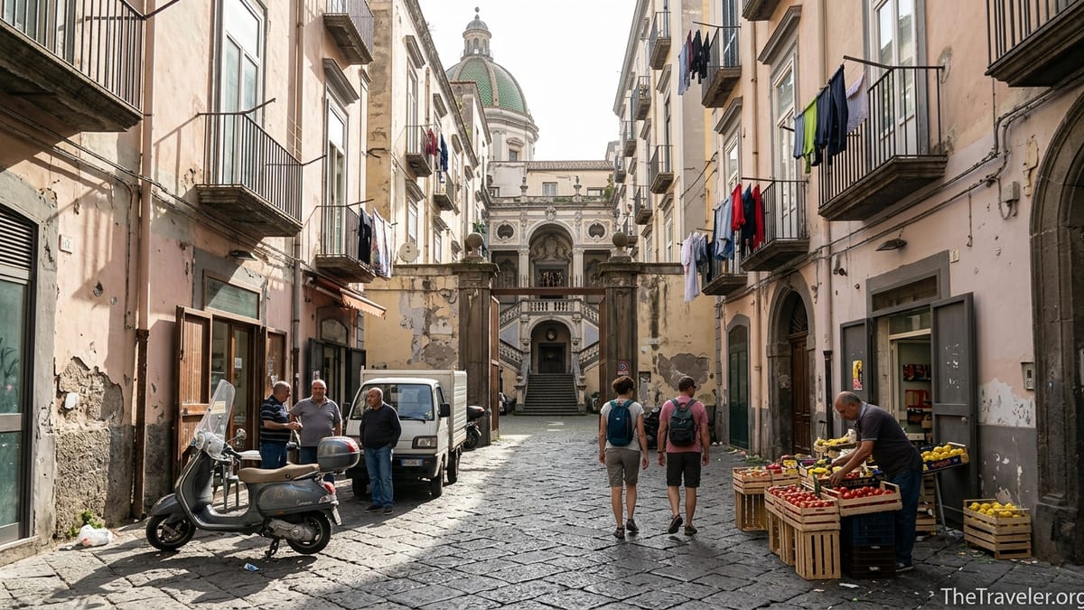 Narrow street in Naples’ Rione Sanità with locals, laundry-draped balconies and a Baroque courtyard entrance at sunset.