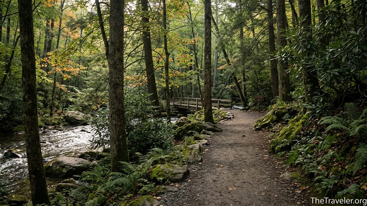 Shaded forest trail near Sugarlands Visitor Center with footbridge and autumn foliage starting to turn.
