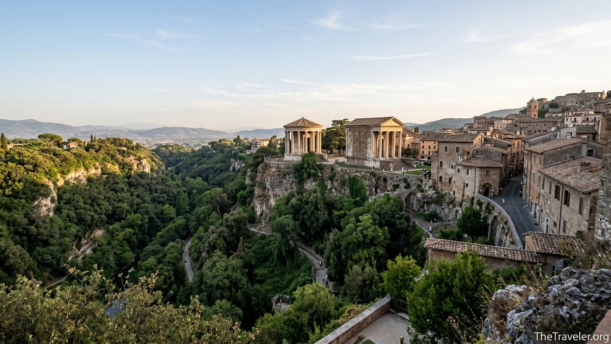 View over Tivoli’s acropolis and Villa Gregoriana gorge with temples above the river.