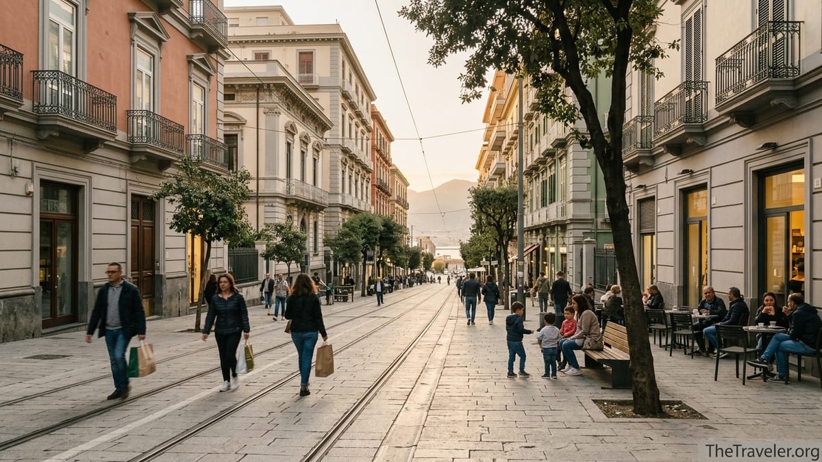 Pedestrian street in Vomero, Naples at golden hour with locals, cafés and distant view of the bay.