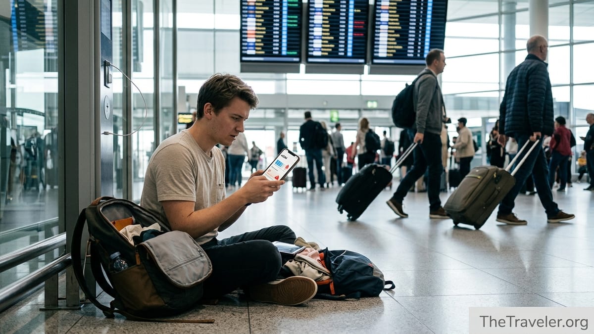Traveler in an airport checking a puzzling eSIM data warning on their phone