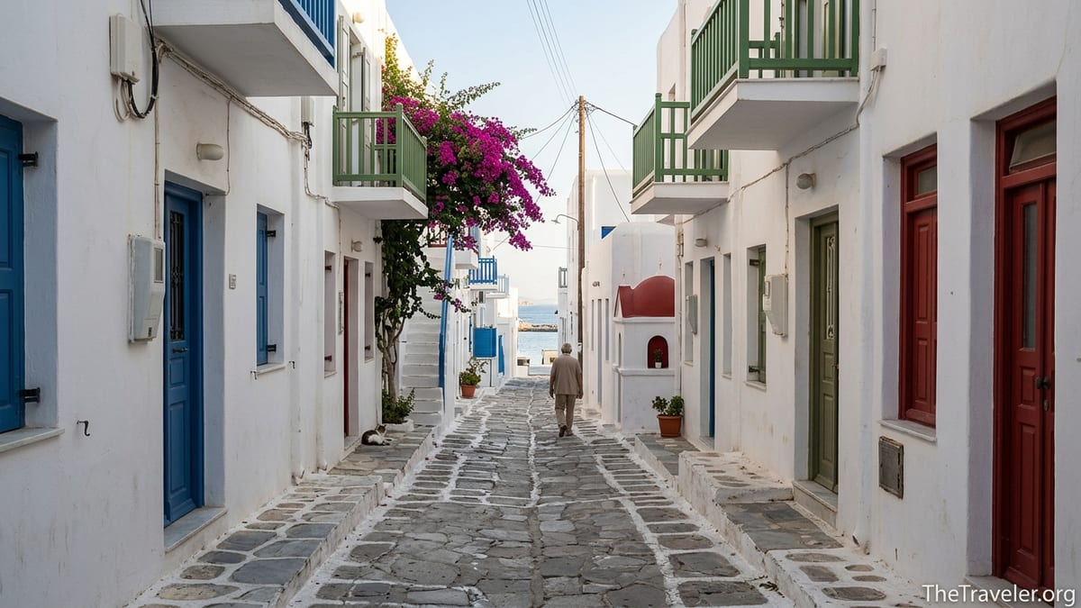 Quiet whitewashed alley in Mykonos Town with bougainvillea and a lone local walking at sunrise.