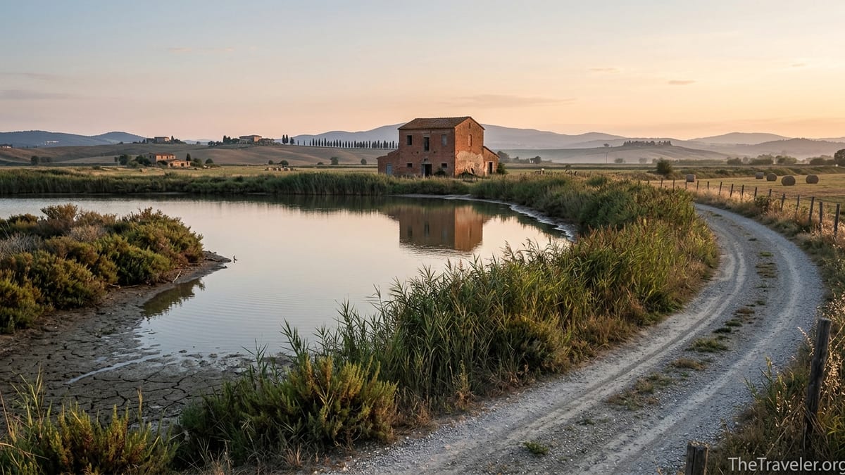Quiet Tuscan lagoon at sunset with reeds, farm track and distant hills.