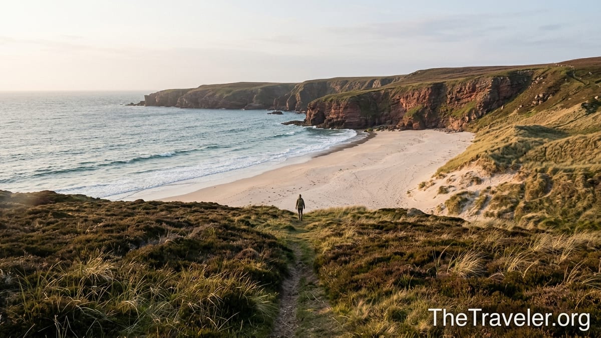 Remote UK beach with pale sand, rugged cliffs and a lone hiker at sunset.