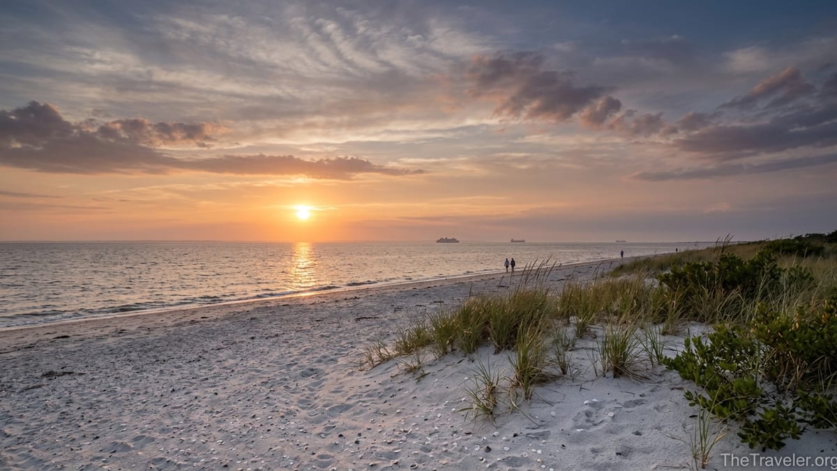 Sunset over the Delaware Bay from Higbee Beach with dunes and a quiet shoreline.