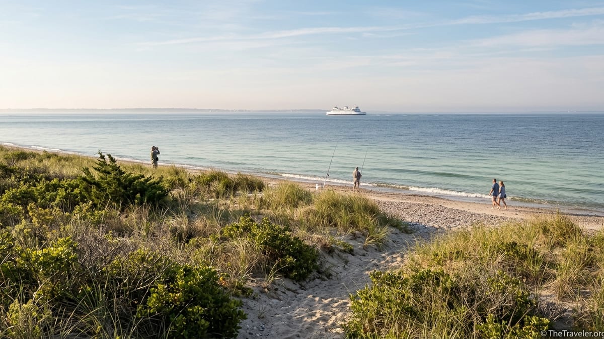 Quiet morning view of Higbee Beach dunes and Delaware Bay with a passing ferry in the distance.