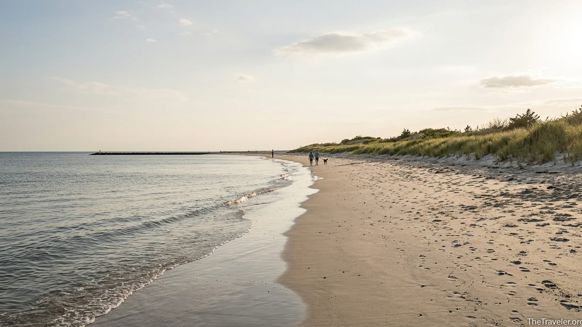 Quiet afternoon at Higbee Beach with dunes, calm Delaware Bay waves, and only a few distant walkers.