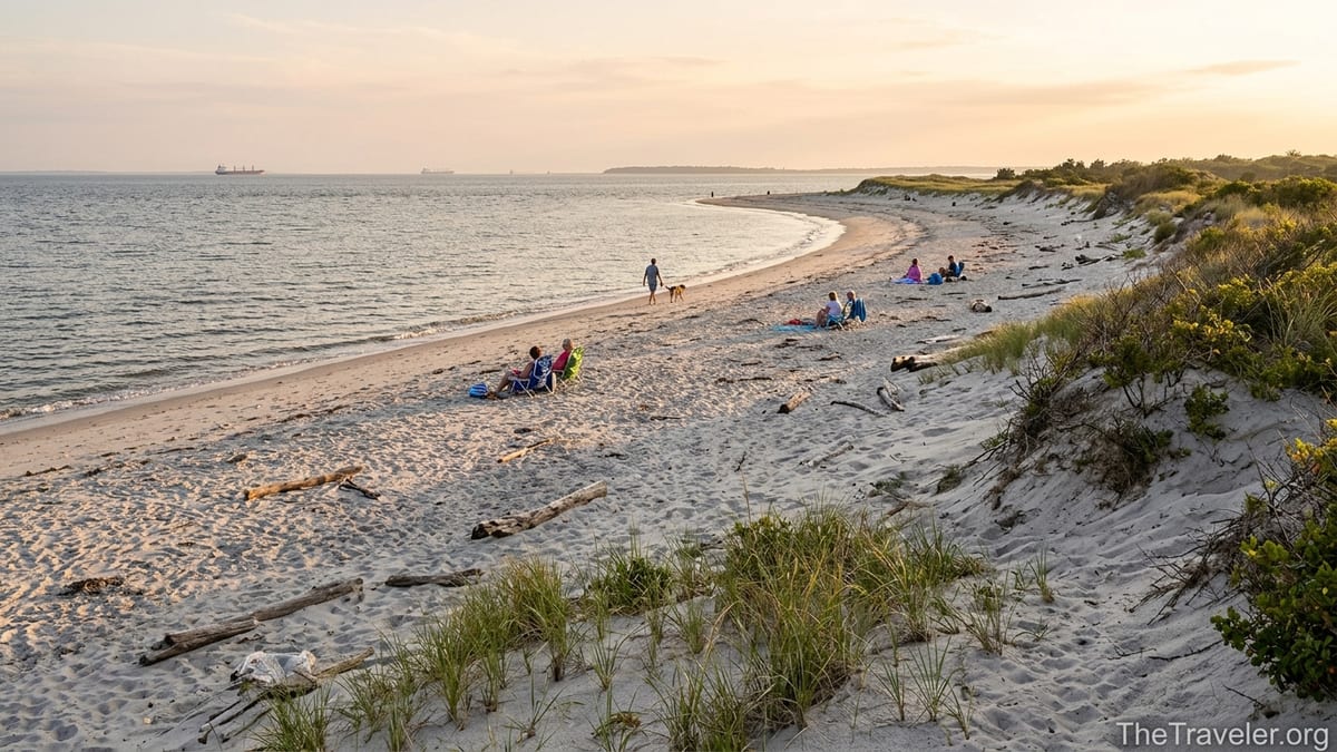 Quiet sunset at Higbee Beach with dunes, gentle bay waves, and a few locals spread out along the sand.