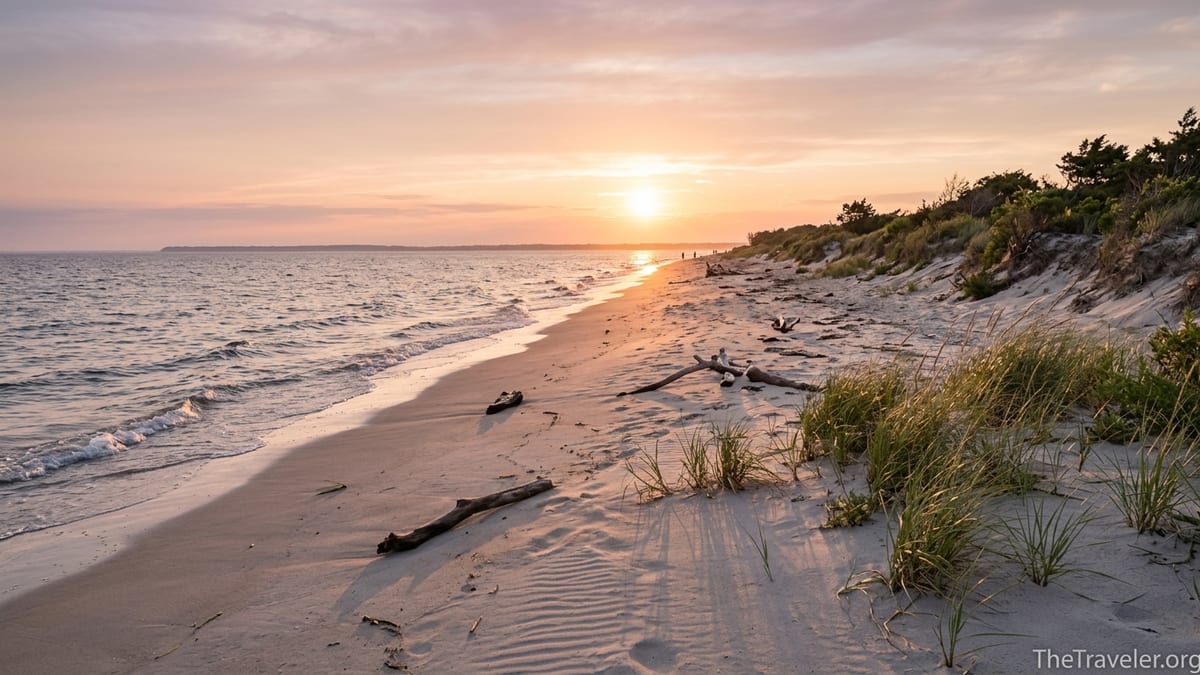 Golden sunset over the quiet, undeveloped shoreline and dunes of Higbee Beach in Cape May, New Jersey.