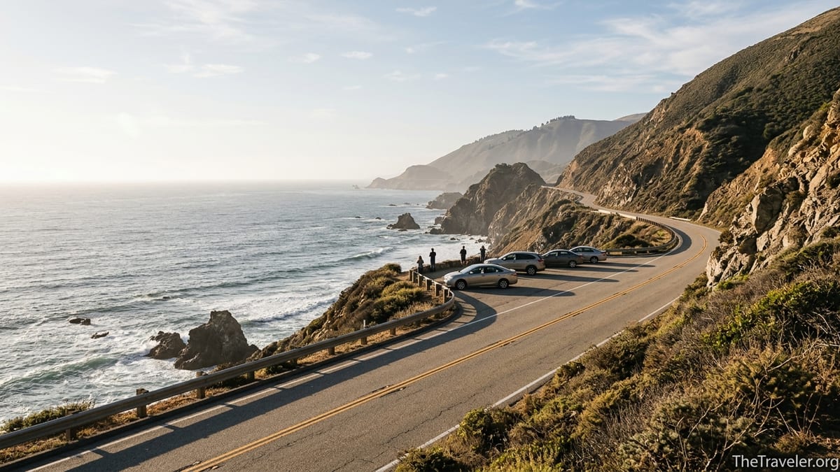 Curving Highway 1 along Big Sur cliffs above the Pacific Ocean at golden hour.