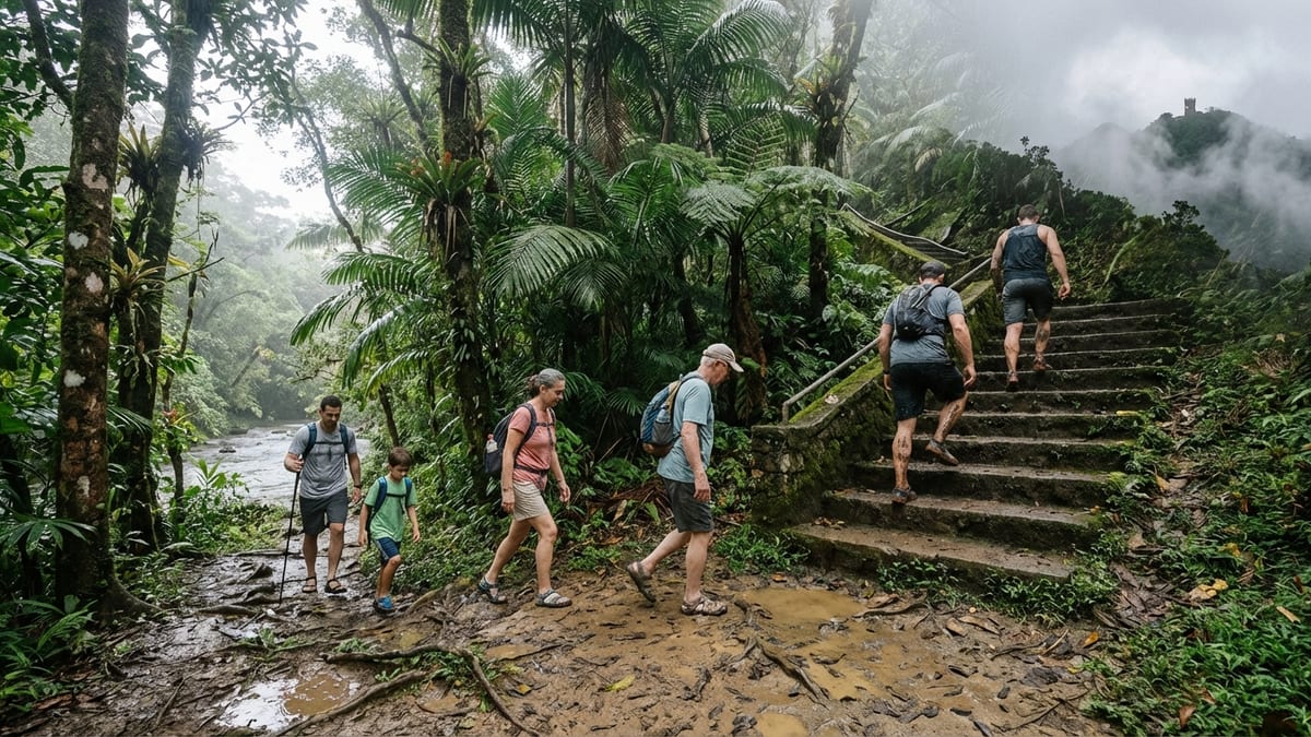 Hikers navigating through diverse trail difficulties in El Yunque National Forest, Puerto Rico.