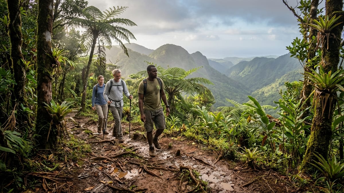 Hikers traversing muddy trail in Dominica's lush, volcanic Morne Trois Pitons National Park.
