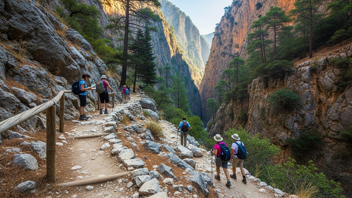 Hikers traversing rocky trail within towering limestone cliffs in Samaria Gorge, Crete. 