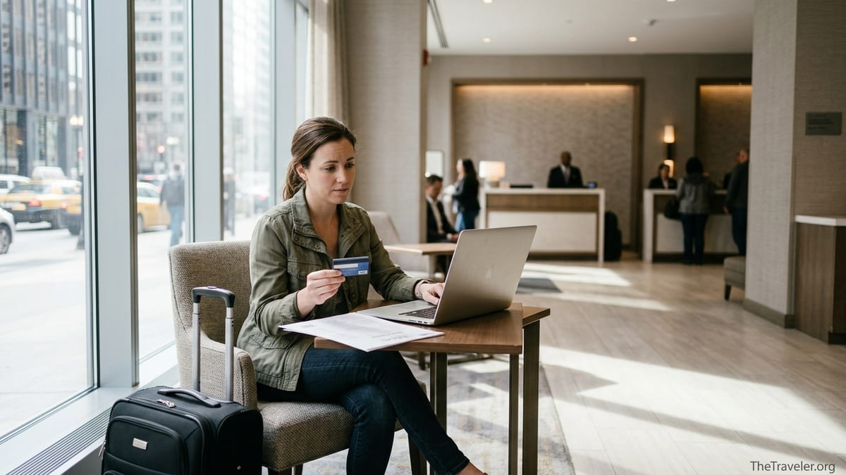Traveler in a hotel lobby examining a Hilton credit card and bill on a table.