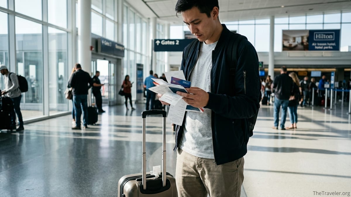 Traveler holding a Hilton credit card and receipts in a busy airport terminal.