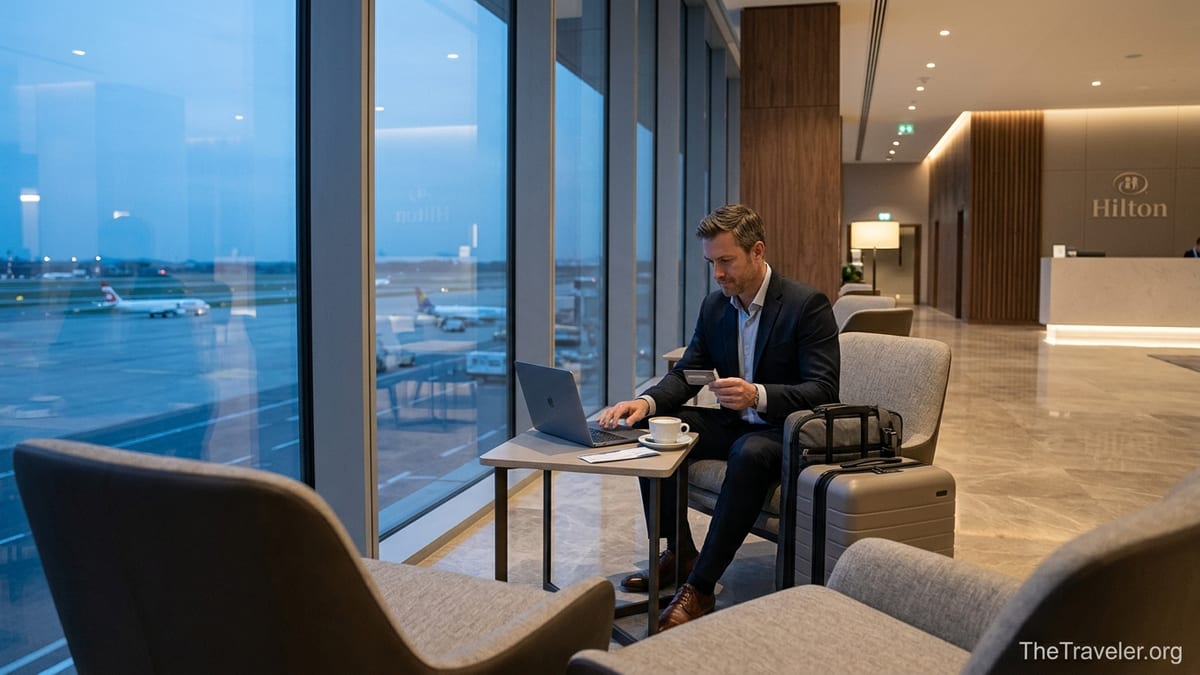 Traveler with credit card relaxing in a Hilton hotel lobby overlooking an airport runway at dusk.