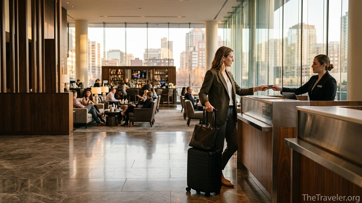 Traveler checking into a modern Hilton lobby with suitcase and credit card at front desk