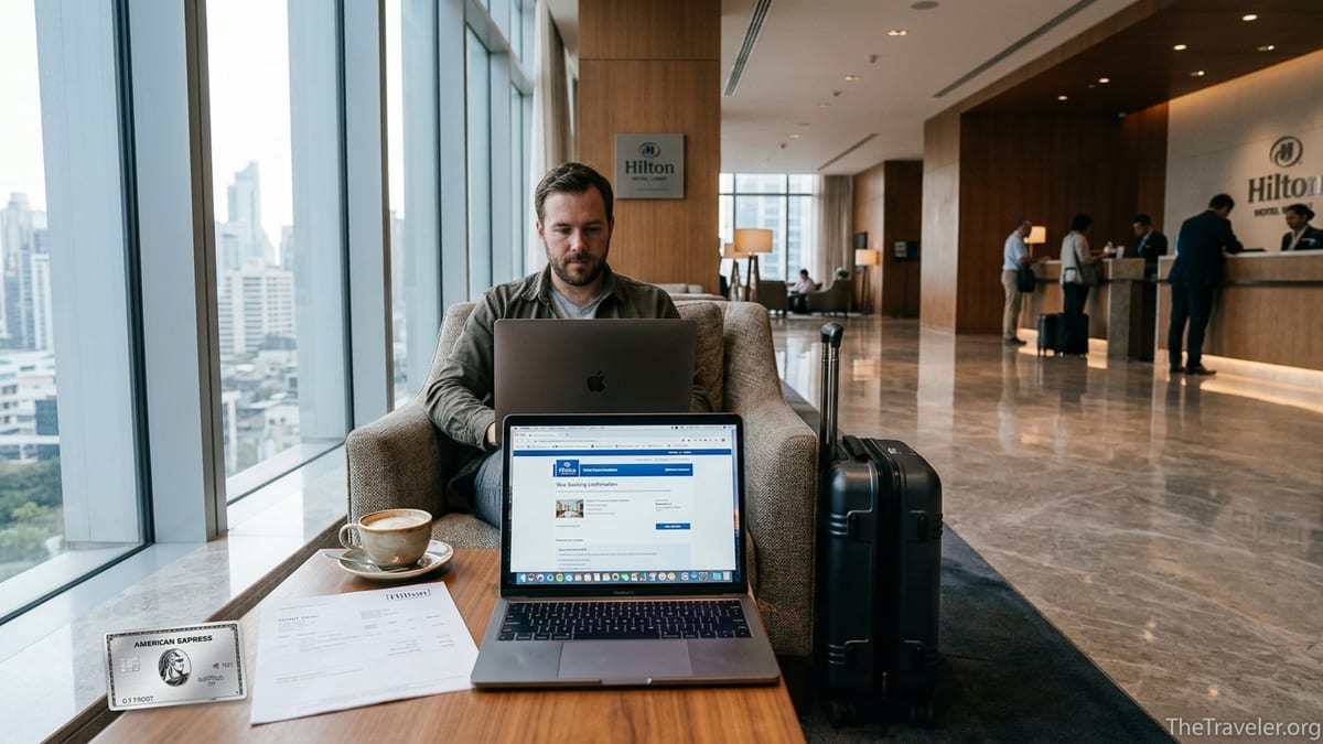 Traveler in a Hilton hotel lobby reviewing bookings with a credit card and luggage nearby.