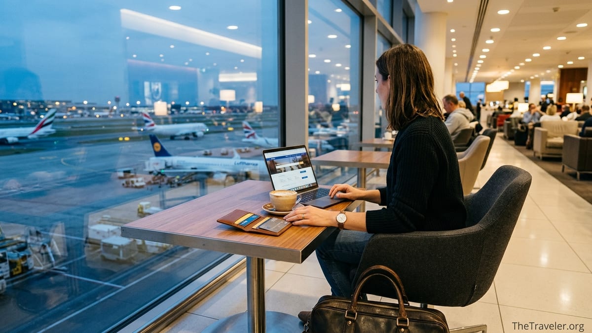 Traveler in an airport lounge with hotel credit cards and suitcase at dusk.