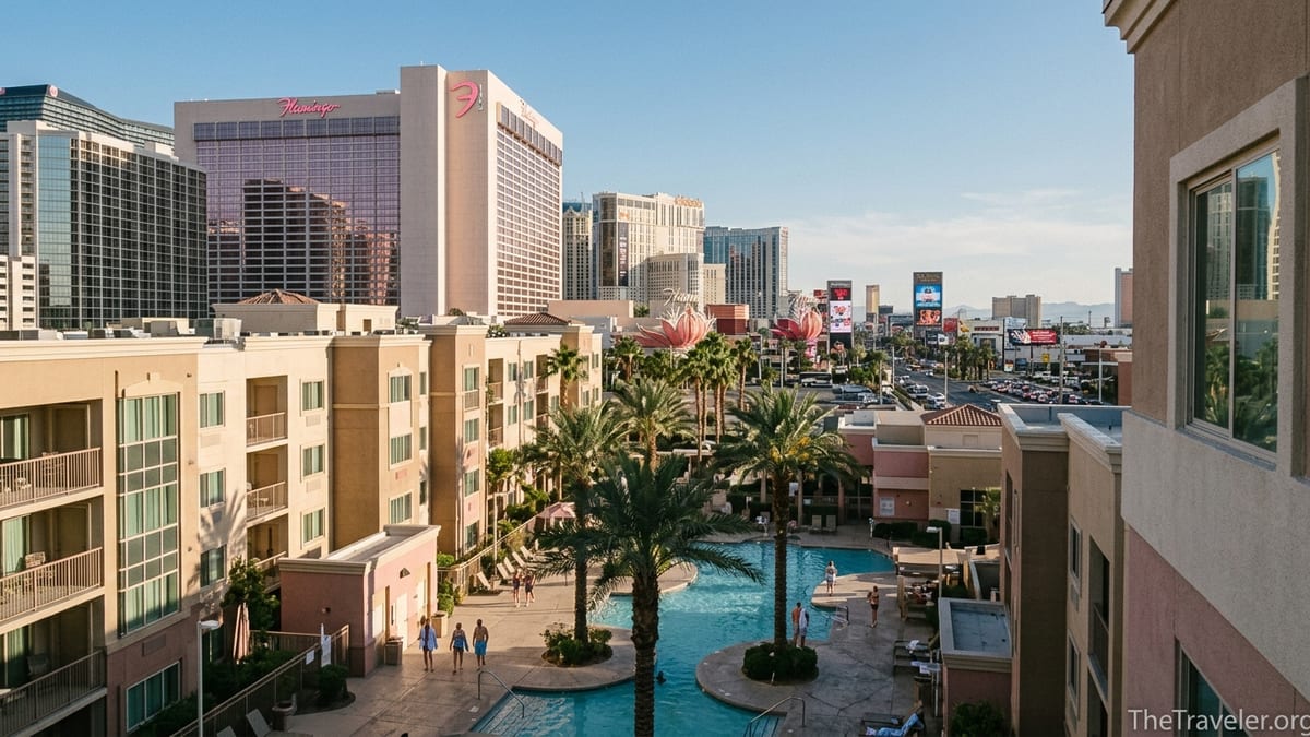Hilton Grand Vacations Club Flamingo Las Vegas pool and suites with the Strip skyline behind.
