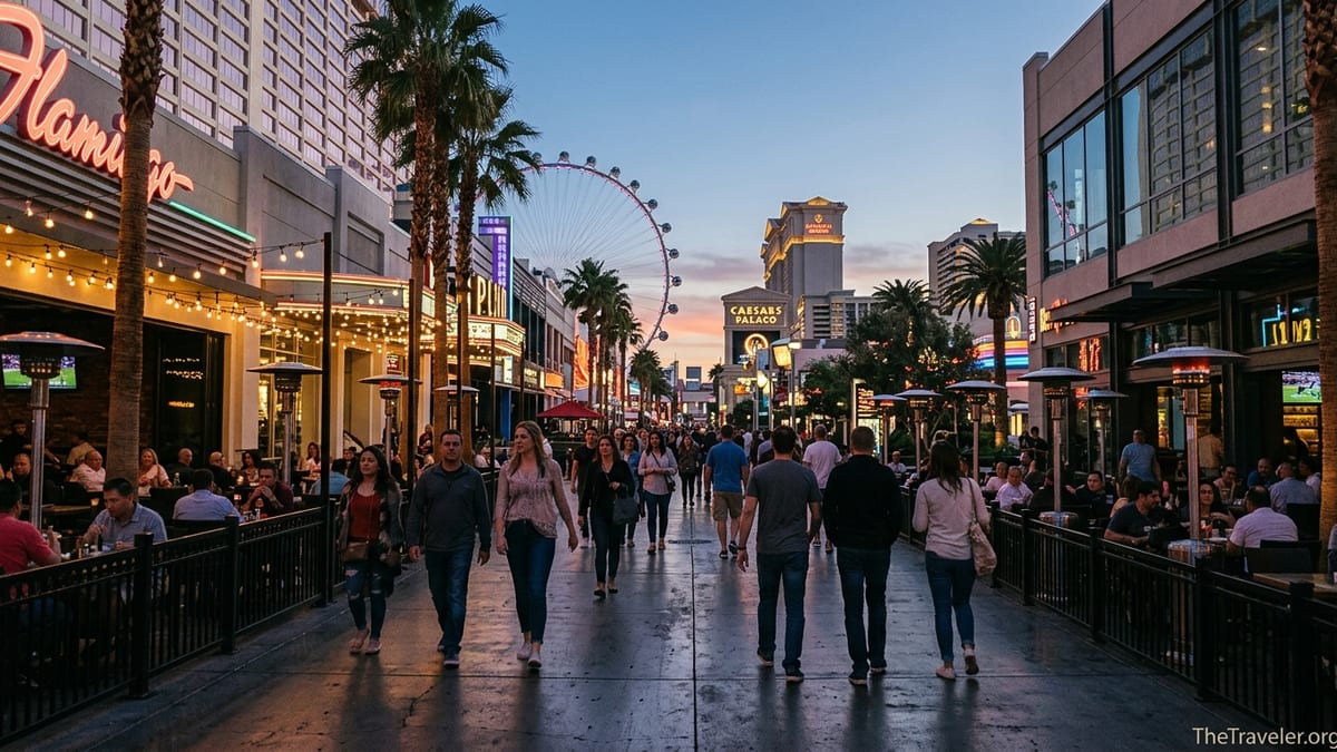 Evening view of Las Vegas LINQ Promenade with High Roller and crowds near Flamingo.