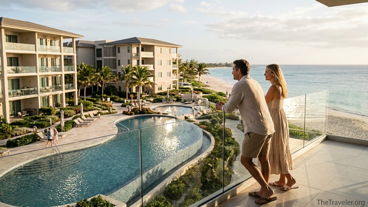 Couple on balcony overlooking a Hilton Grand Vacations beachfront resort at sunset.