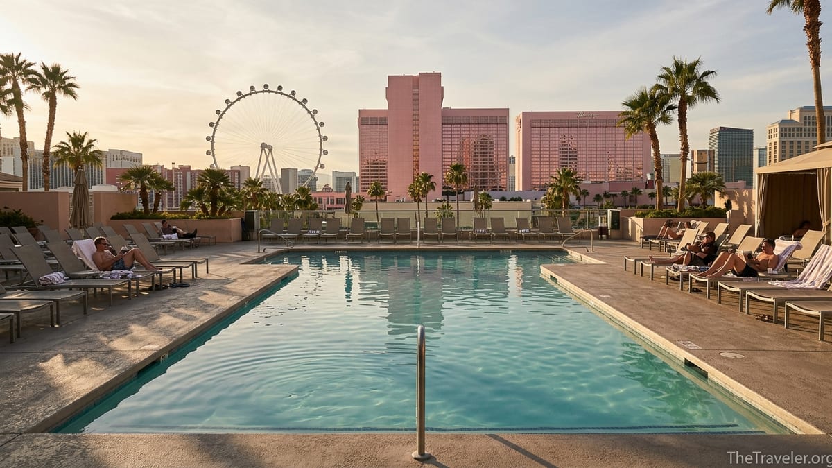 Pool area at Hilton Grand Vacations Club Flamingo Las Vegas with Strip hotel towers in the background at sunset.