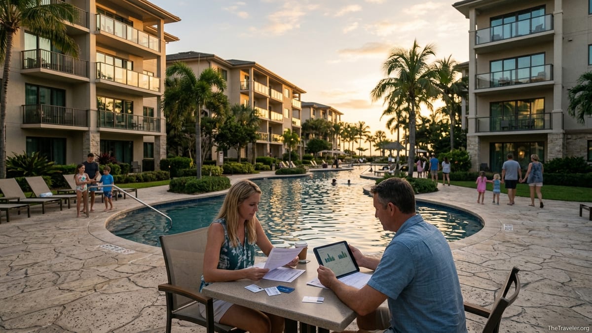 Couple reviewing paperwork beside a pool at a Hilton-style vacation resort at sunset.