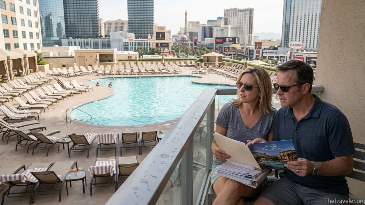 Couple reviewing Hilton-style timeshare paperwork on a balcony overlooking a Las Vegas resort pool.