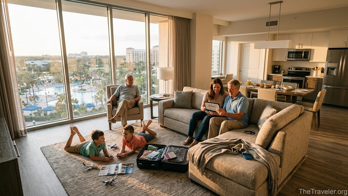 Family relaxing in a condo-style Hilton resort suite overlooking a pool and palm trees at sunset.