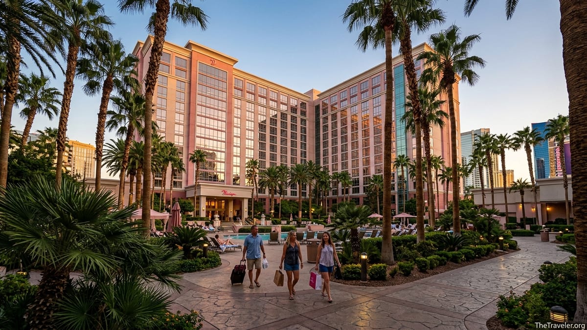 Hilton Grand Vacations Club Flamingo Las Vegas exterior with palm trees, courtyard, and guests walking at sunset.