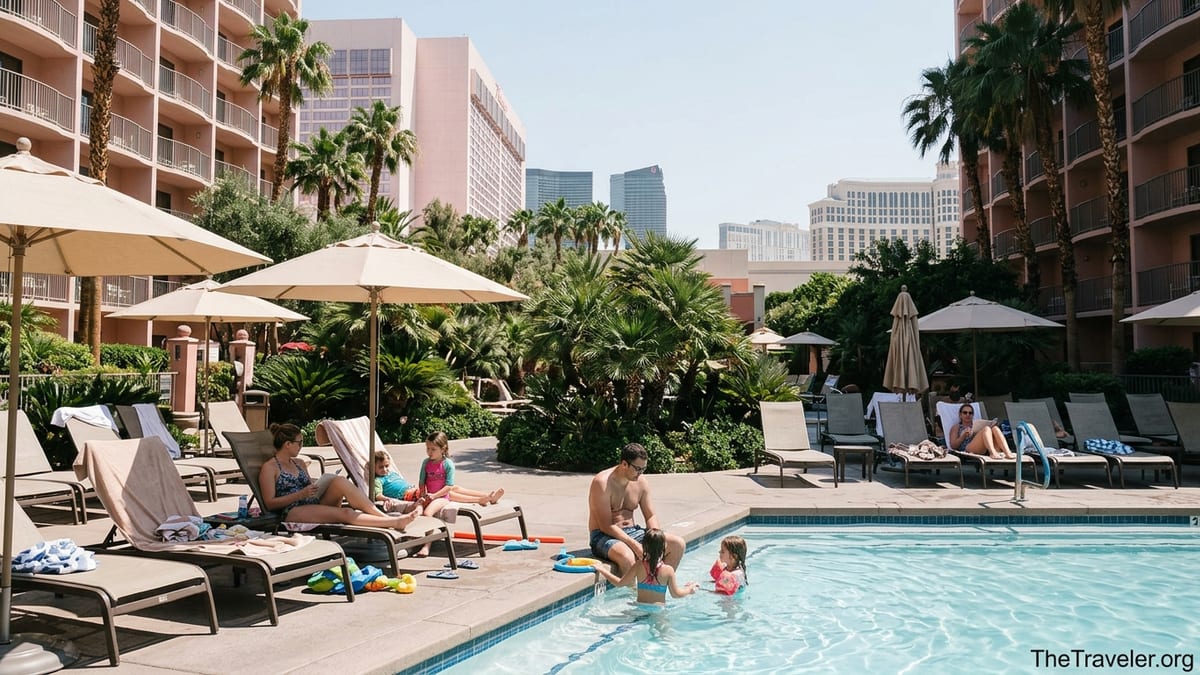 Families relaxing by the pool at Hilton Grand Vacations Club Flamingo Las Vegas near the Strip.
