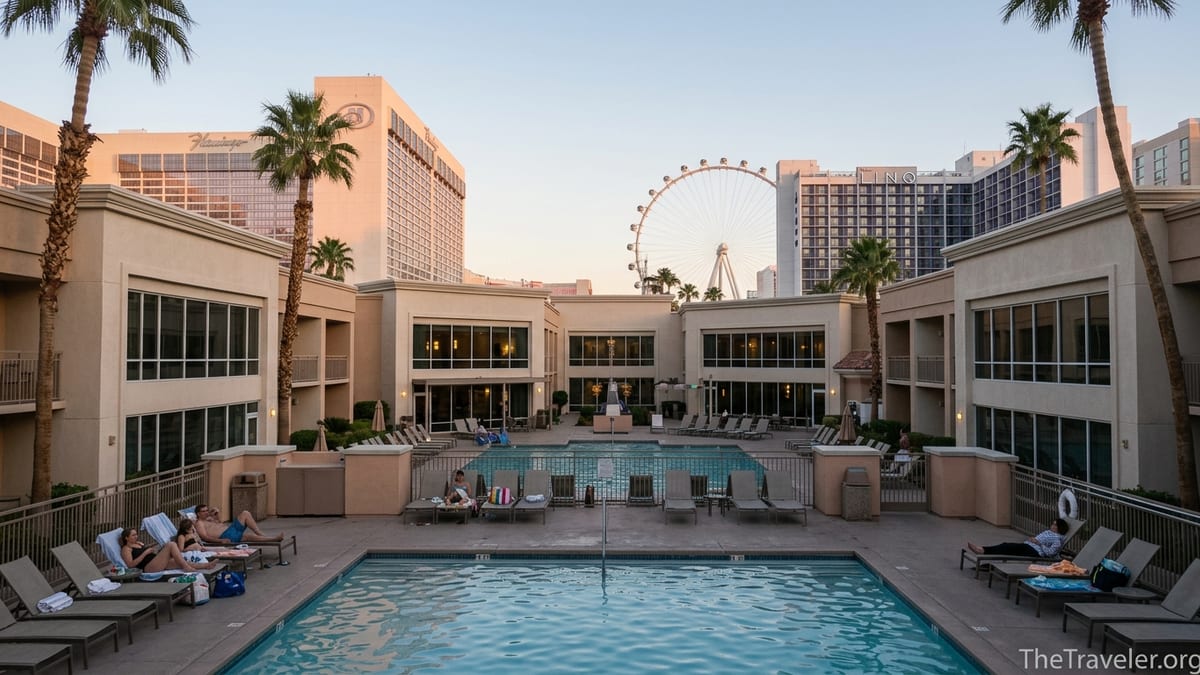 Hilton Grand Vacations Club Flamingo pool and buildings with central Strip skyline at sunset.