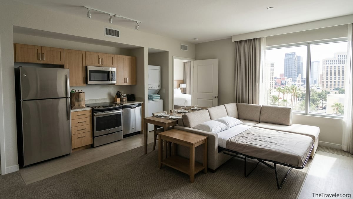 One-bedroom suite at Hilton Grand Vacations Flamingo Las Vegas with living area, full kitchen and Strip view.