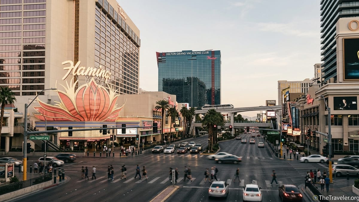 View of Flamingo Las Vegas on the Strip with Hilton Grand Vacations tower set behind it and Monorail in the background.