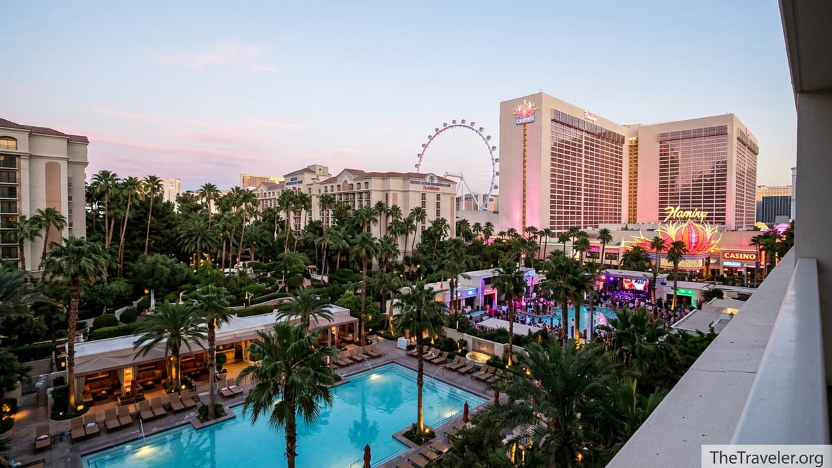 View over pools and towers of Flamingo Las Vegas and HGV Flamingo at twilight on the Strip.